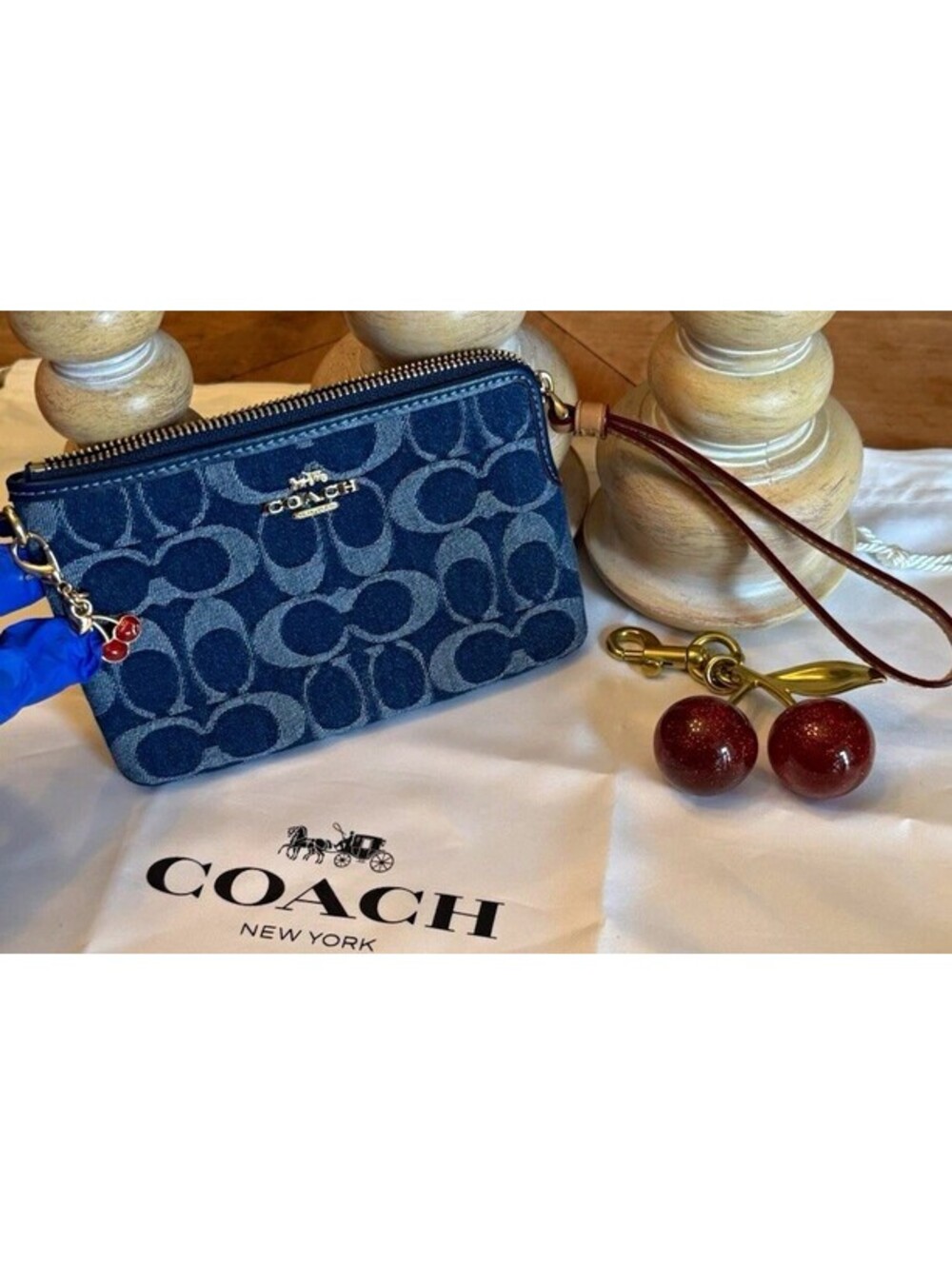 Coach Signature Logo Blue Zip Wristlet Wrist Strap with Cherry Charm